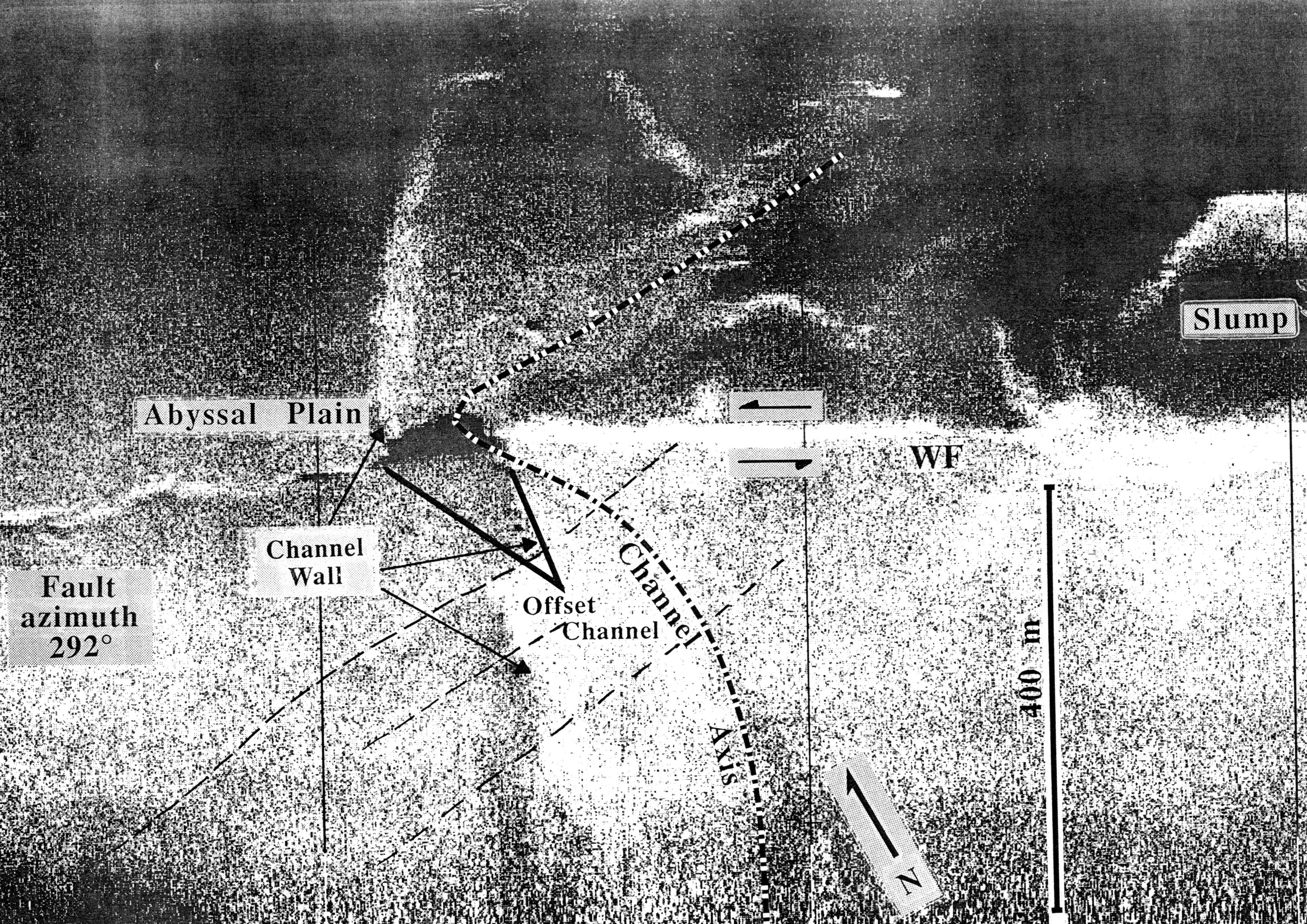 Elvis image, marking point of discovery of the Wecoma Fault, which offsets a deep-sea channel about one hundred meters (more than three hundred feet)