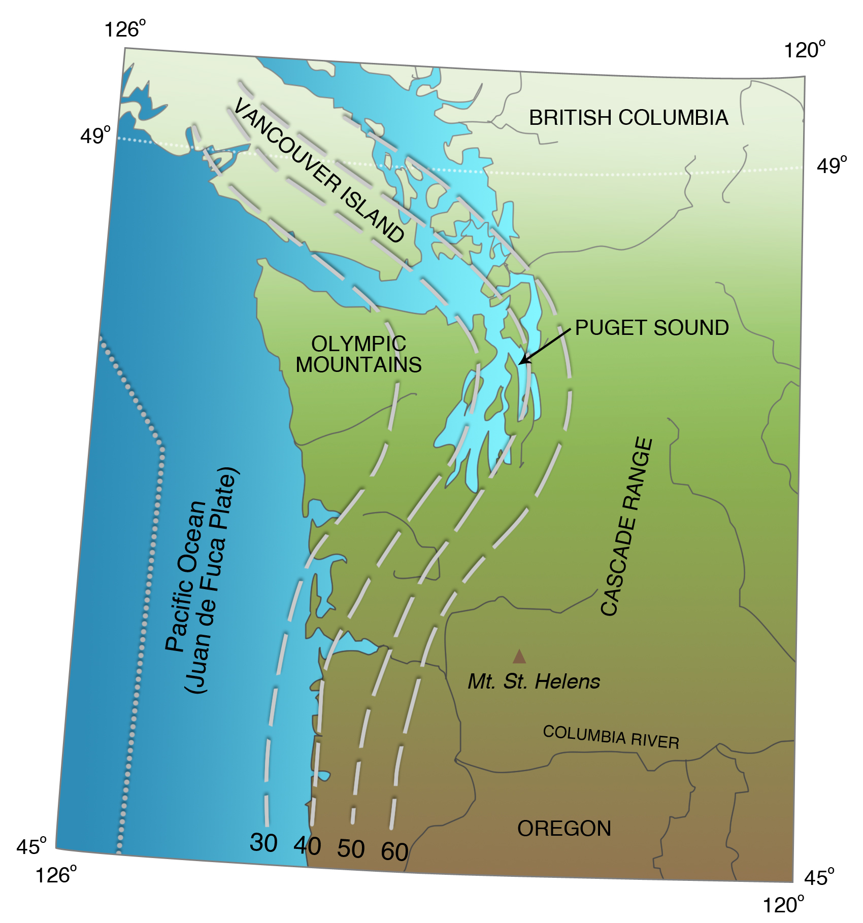 The distribution of slab earthquakes helps determine the contours of the top of the Juan de Fuca Plate, in kilometers below sea level.