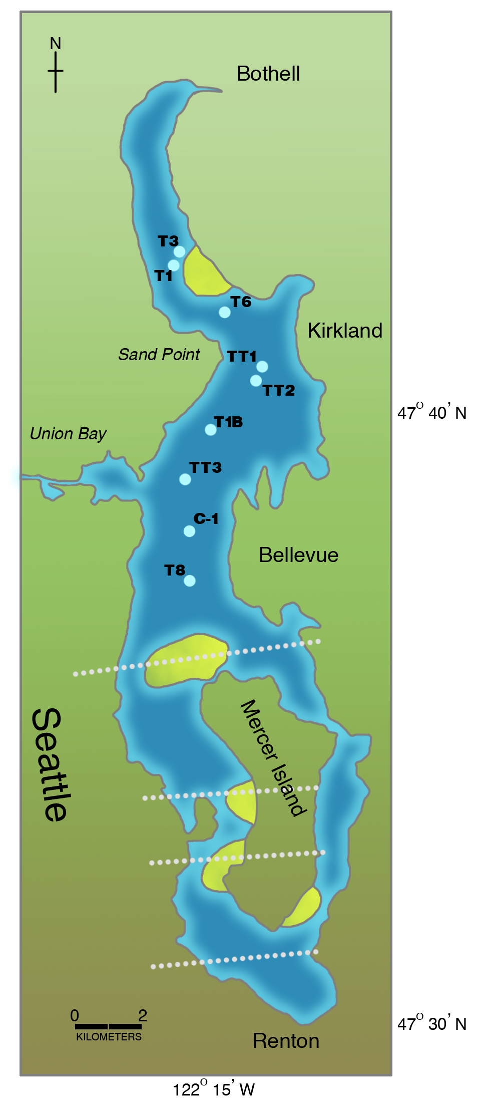 Map of Lake Washington, bordering the city of Seattle on the east, locating major landslides and sunken forests (coarse dot pattern).
