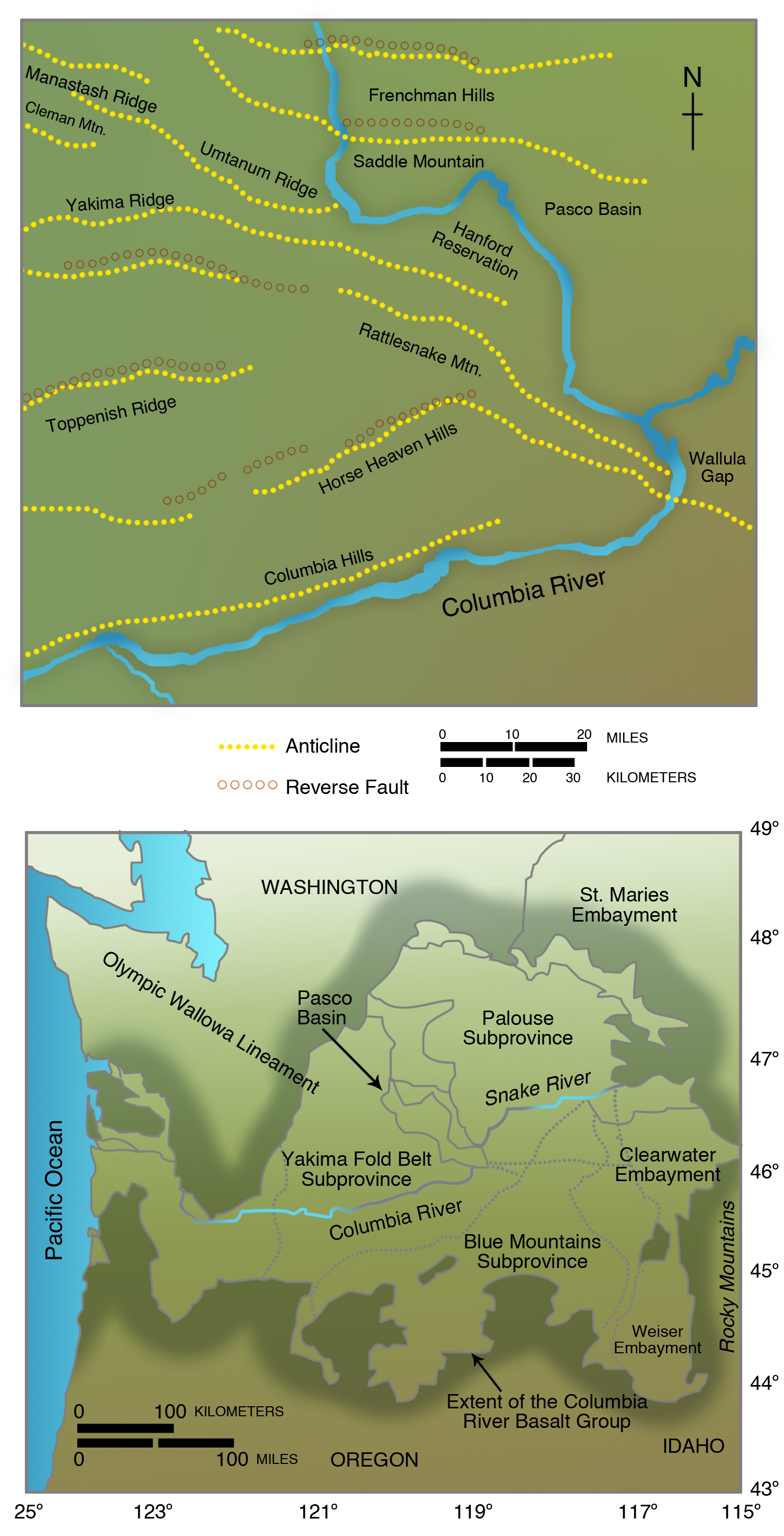 (Top) Tectonic map of Yakima Fold Belt, including the Hanford Reservation