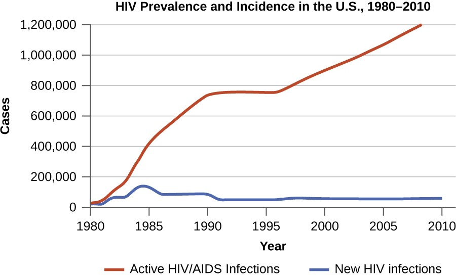 This graph compares the incidence of HIV (the number of new cases reported each year) with the prevalence (the total number of cases each year). Prevalence and incidence can also be expressed as a rate or proportion for a given population.